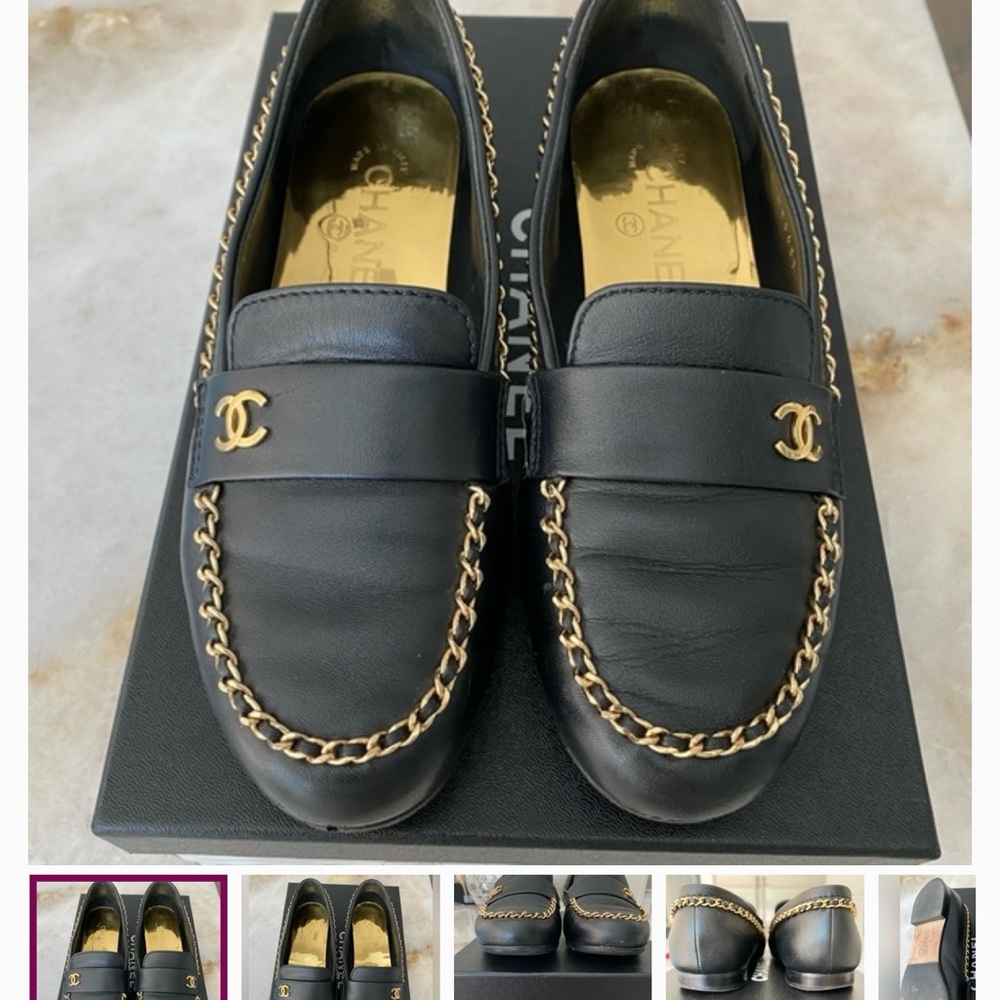 Chanel black loafers with gold chain trim